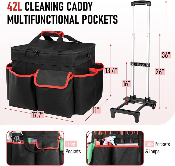 Large DIY Rolling Cleaning Caddy Bag, Cleaning Caddy with Wheels for Housekeepers, Wear-Resistant & Waterproof 900D Oxford Cleaner Supplies Organizer for Kitchen, Home, Office, Tool Storage