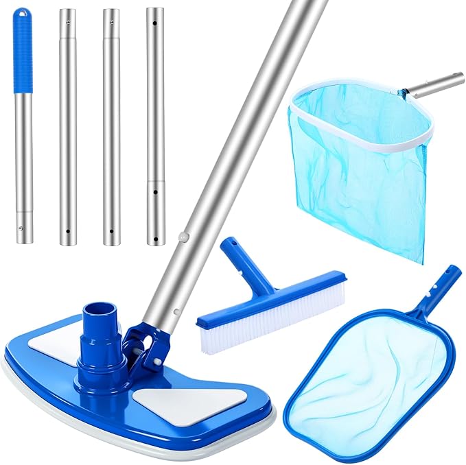 Tioncy 5 Pcs Pool Vacuum Cleaning Kit Includes Round Corner Pool Vacuum, 2 Skimmer Nets with 47" Adjustable Pole and 1 Brush for Above Ground Ponds Hot Tub Spa Wall Floor Cleaning Maintenance