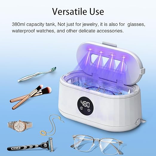 Ultrasonic Jewelry Sunglasses Cleaner Machine with Digital Timer, 5 Time Cleaning Modes, 50 Khz Sonic Jewelry Cleaner for All Jewelry Ring Eyeglass Etc, White
