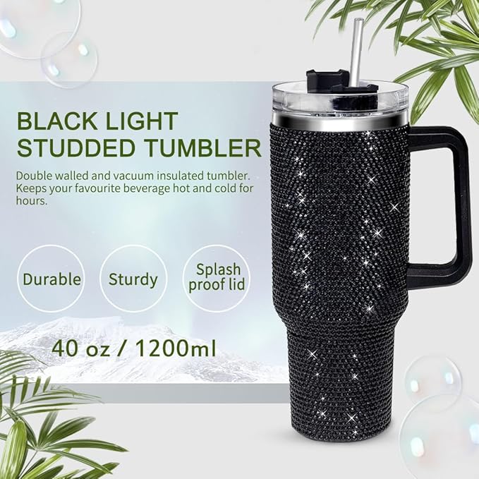HWISDMIG 40oz Tumbler with Handle-Glitter Rhinestones Tumbler Bling Cups Stainless Steel Water Bottle Diamond Studded Tumbler for Women-Birthday Gifts for Women, Mom, Wife, Girlfriend (40 oz, Black)