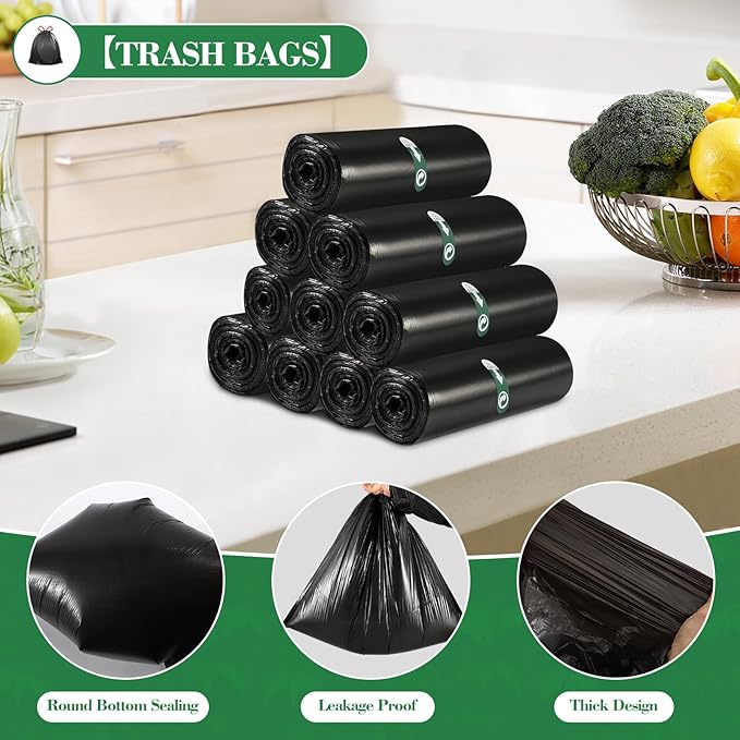800 Counts 4 Gallon Trash Bag Drawstring Small Trash Bags, Thick Pre-separated Garbage Bags, Trash Bin Liners, Suitable for bathroom, kitchen, bedroom, office (Black)