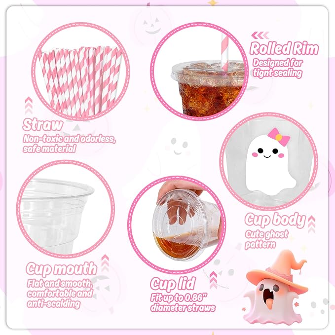 Whaline 50 Pcs Halloween Disposable Plastic Cups with Lids and Straws Cute Pink White Ghost Cold Beverage Drinking Cups for Trick or Treat Birthday Party Supplies