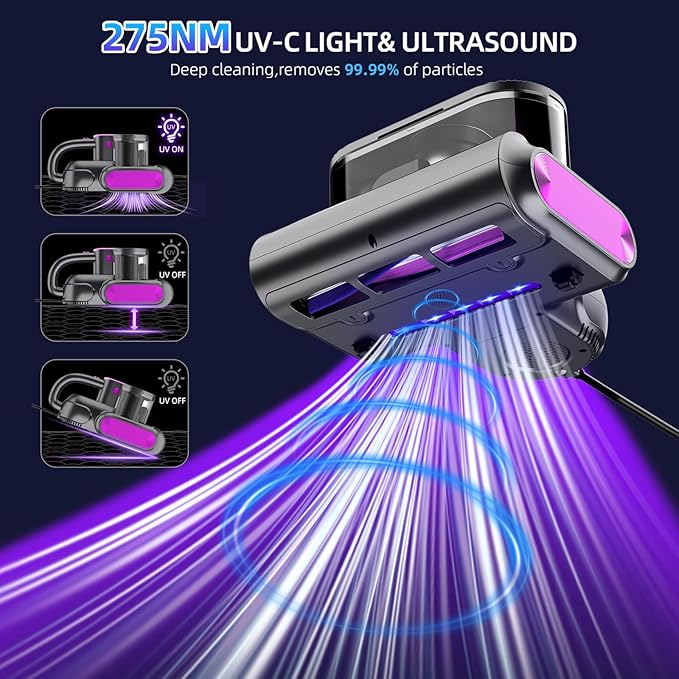 Mattress Vacuum, 15kPa Bed Mattress Cleaner with Super Suction and 275nm Uv-C Light,500W Handheld Mattress Vacuums for Bed Sofa Furniture Crib, Replacement Filter Included(Corded，38000RPM)