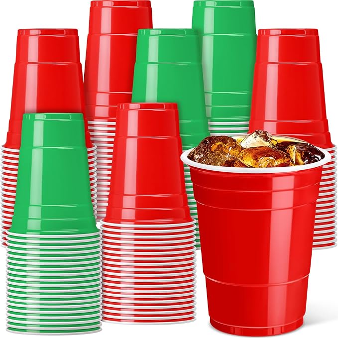 100 Pcs 16 Oz Christmas Plastic Cups Red and Green Disposable Shot Cups Bulk Holiday Christmas Party Cup Shot Glasses for Drinking Beverage Xmas Winter Party Supplies Camping Picnic Birthday