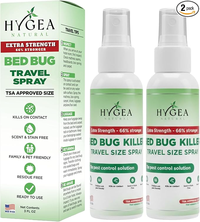 Hygea Natural Extra Strength Bed Bug Killer & Mite Travel Spray - TSA Approved Size - Child & Pet Friendly - Stain & Odor Free - for Hotel, Suitcase, Backpack, Shoes - 66% Stronger Formula(2pk, 3 oz)