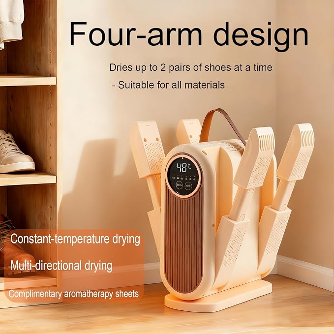 Portable Boot Dryer Folds for easy storage Constant-temperature dehumidification Features aromatherapy deodorization 360-minute timer 4 boot heaters Suitable for work boots ski boots sneakers socks