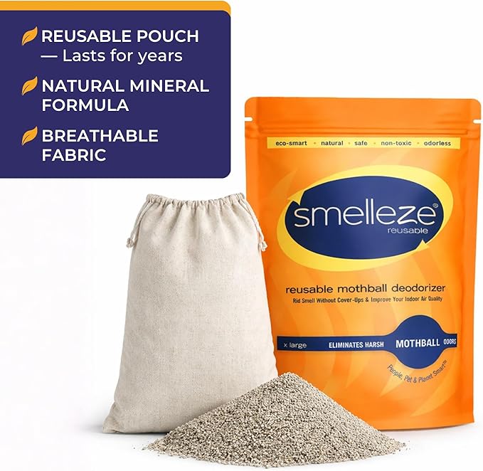 SMELLEZE Natural Mothball Smell Remover Pouch - Reusable Odor Eliminator for Closets, Basements, Furniture & Drawers - Eco-Friendly Formula - Unscented & Safe - Covers 375 sq. ft.