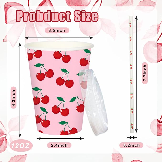 50 Sets Cherry Paper Cups with Paper Straws Plastic Lids 12OZ Red Pink Cherry Disposable Coffee Tea Cups for Summer Fruit Birthday Party Juice Drink Beverage Bar Supplies
