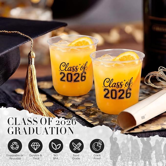 Potchen 50pcs Graduation Cups Class of 2026 12oz Clear Plastic Graduation Party Cups for 2026 Celebration Party Supplies Congrats Grad Tableware Decoration(Black)