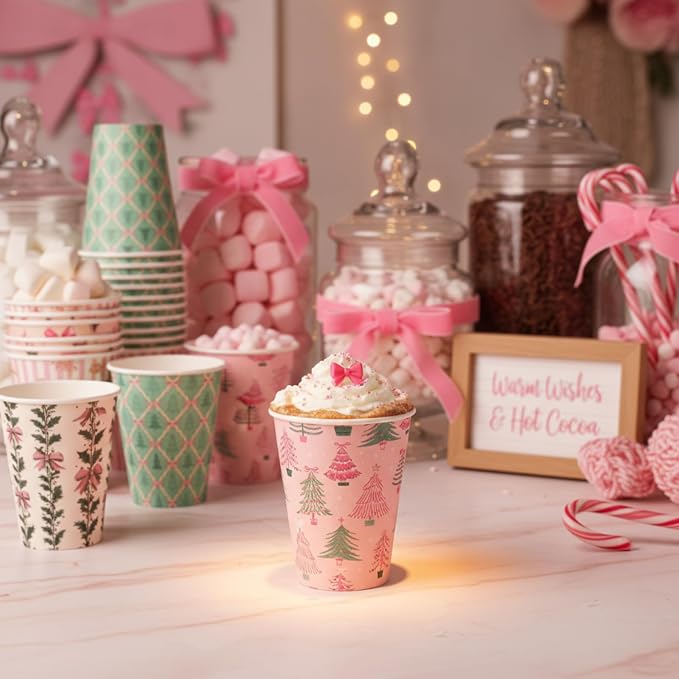 Gerrii 100 Set Christmas Paper Cups Disposable 12 oz with Lids Hot Chocolate Coffee Cups for Hot and Cold Drinks Tea Water Bar Supplies Holiday Winter Season (Pink Bow)