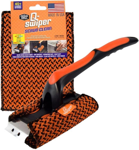 Proud Grill Q-Swiper XL Scrub-Clean BBQ Grill Cleaner Set - Long Bristle-Free Brush with Scraper & Scrub-Clean Reusable Cleaning Cloth, Grease & Grime Remover, Barbecue Cleaner for Outdoor Grilling