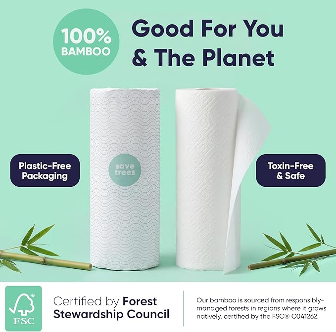 Save Trees Bamboo Paper Towels 40pk - Ultra Absorbent & Durable Eco-Friendly Paper Towels - FSC-Certified, Chlorine-Free