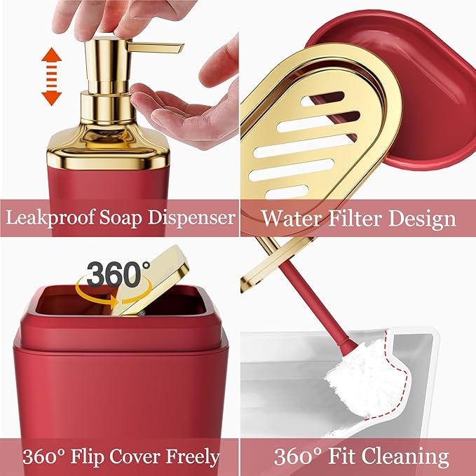 XLHOMO Dark Red Bathroom Accessory Set, 9-Piece Burgundy Bathroom Set with Trash Can, Toothbrush Holder, Toothbrush Cup,Soap Dispenser,Soap Dish,Toilet Brush Holder,2 Qtip Holder Dispensers and Tray
