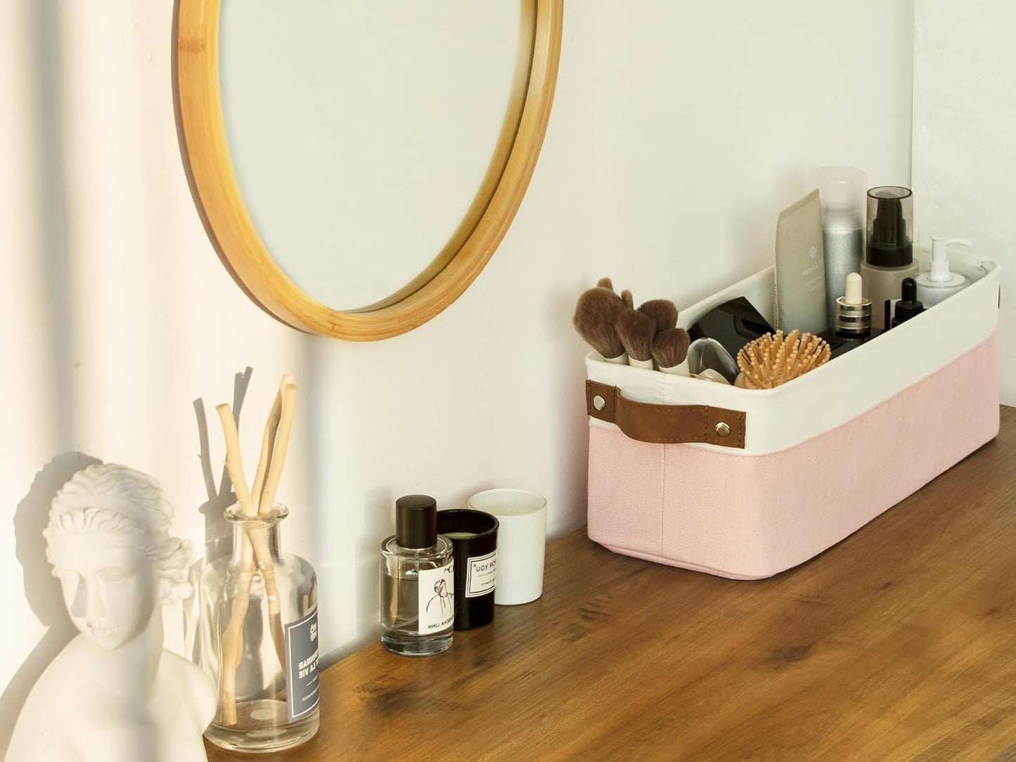 StorageWorks Narrow Storage Bins, Small Basket for Closet and Shelves, Fabric Organizer with Handles, Toilet Paper Storage, Pink and White, 2-Pack