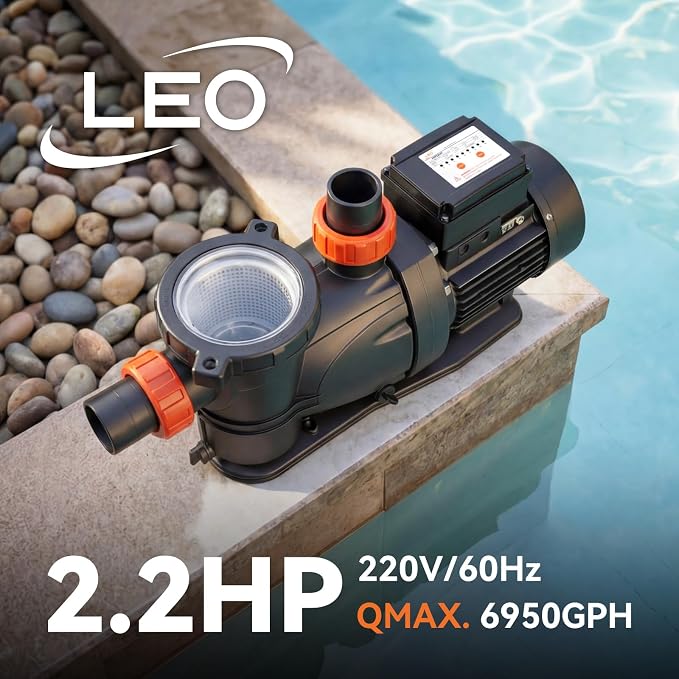 LEO 2HP In/Above Ground Pool Pump with Timer High Flow Powerful Self Priming Pool Pump, Single Speed 220V 6950GPH, Dark Black