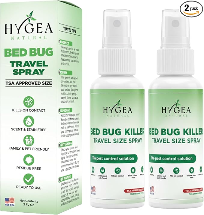 Hygea Natural Lice, Mite, and Bed Bug Killer Travel Spray - TSA Approved 3 oz Size Bottles, Child & Pet Friendly, Stain & Odor Free, for Hotels, Suitcase, Backpack, Shoes, Bed Bug Spray (2 Pack)
