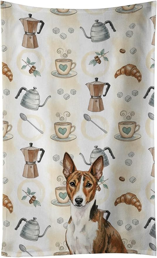 Caroline's Treasures Brindle and White Basenji Coffee Bar Kitchen Towel Velour Plush Front and Cotton Loop Back Machine Washable