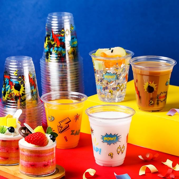 Uiifan 50 Pcs Hero Party Cups Supplies Bulk Comic Hero's Action Birthday Party Decoration 12 oz Cityscape Buildings Disposable Clear Plastic Cups for Hot Cold Drinking Birthday Favor