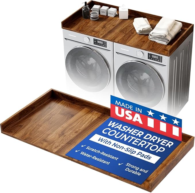 OfficeSimpli Washer Dryer Countertop, Made in USA, Non-Slip Pads, Laundry Room Wood Topper, Washer Dryer Cover for Top, Laundry Countertop, Laminate Finish (California Walnut, Large (27.5" x 58"))
