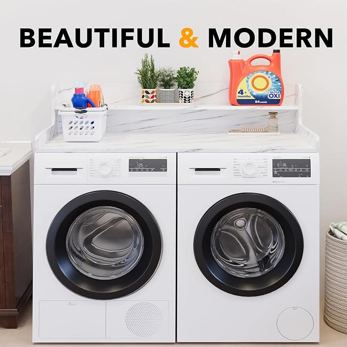 SpaceAid Washer Dryer Countertop with 2-Tier Shelf, Wood Topper with Edge, 54" Width x 27.5" Depth Cover Organizer Guard for Washer and Dryer Counter Laundry Hamper Storage (White Marble)