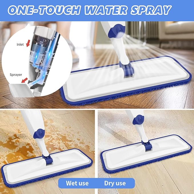 HOMTOYOU Spray Mops with 10 Reusable Pads: Wet Mop for Hardwood Tile Wood Laminate Vinyl - Absorbs Pet Hair Dust