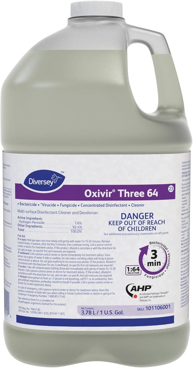 Oxivir Diversey 101106001 Three 64 Disinfectant Cleaner, Multi Purpose Hard Surface Cleaner, Hydrogen Peroxide Based Concentrate, Unscented, 1-Gallon