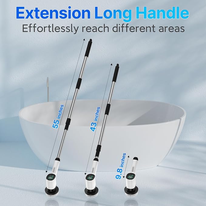 Electric Spin Scrubber-Highyes Cordless Cleaning Brush-Shower Scrubber with 7 Replaceable Brush Heads-Bathroom Scrubber with Detachable Long Handle