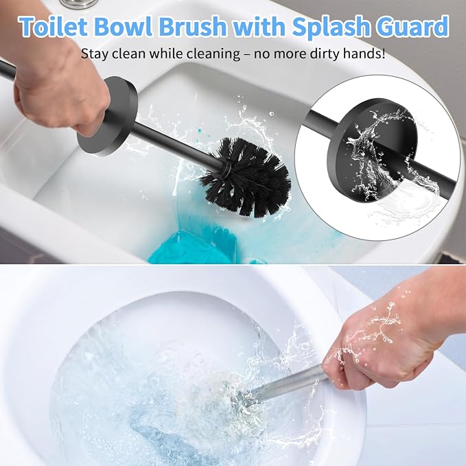 Stainless Steel Toilet Brush and Holder Set Brushed Silver Heavy Duty Toilet Bowl Brush with Long Handle for Bathroom and Farmhouse (Black)
