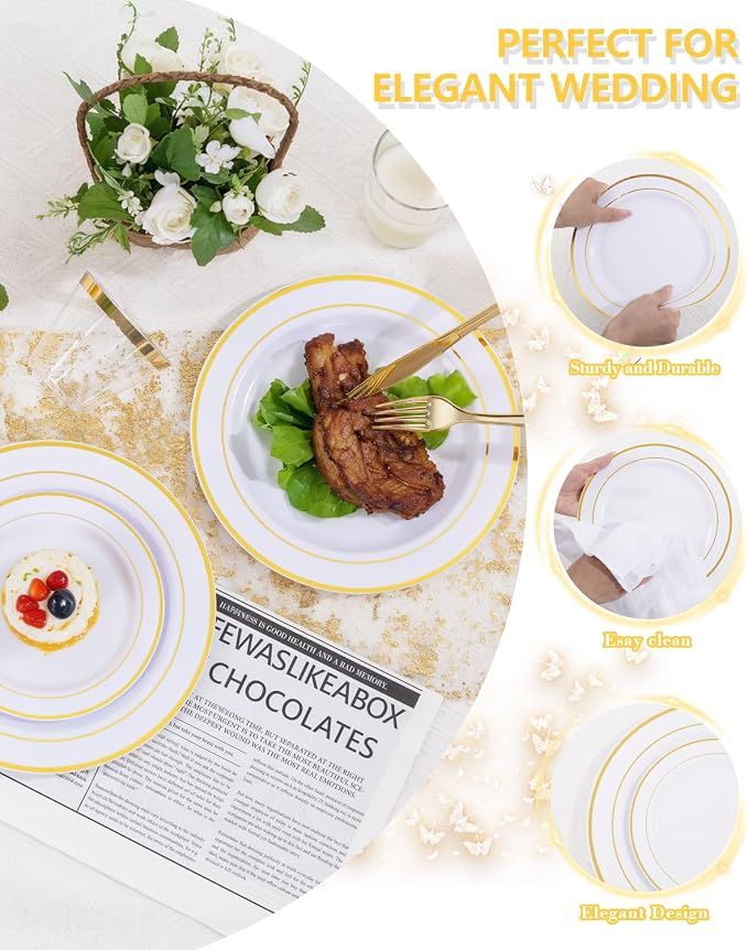 GATHER 700PCS Gold Plastic Plates - Whtie and Gold Disposable Dinnerware Sets 100Guest - 200 Disposable Plate, 300 Plastic Silverware, 100 Cups, 100 Napkins for Wedding & Party