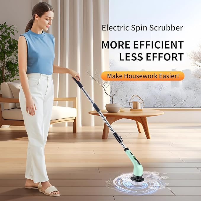 Electric Spin Scrubber, Cordless Electric Scrubber for Cleaning Bathroom,Power Shower Scrubber with Long Handle,Electric Cleaning Brush with 9 Brush Heads for Bathroom,Tub,Floor,Kitchen,Window,Car