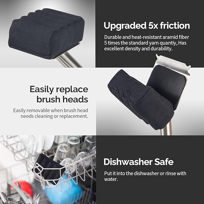 Bristle-Free Grill Brush – Upgraded Aramid Fiber Wavy Pad. Safe for Cast Iron, Porcelain, Weber Gas & Charcoal Grills. Replaceable Head – Perfect for Outdoor Grill Cleaning.