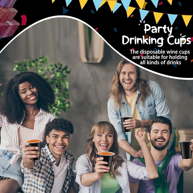 Sabary 100 Pack 12oz Plastic Cups Black Graduation Heavy Duty Drinking Disposable Cups with Lines for Beverage Holiday Camping Barbecues Birthday Party Summer Outdoor Picnic(Black and White)
