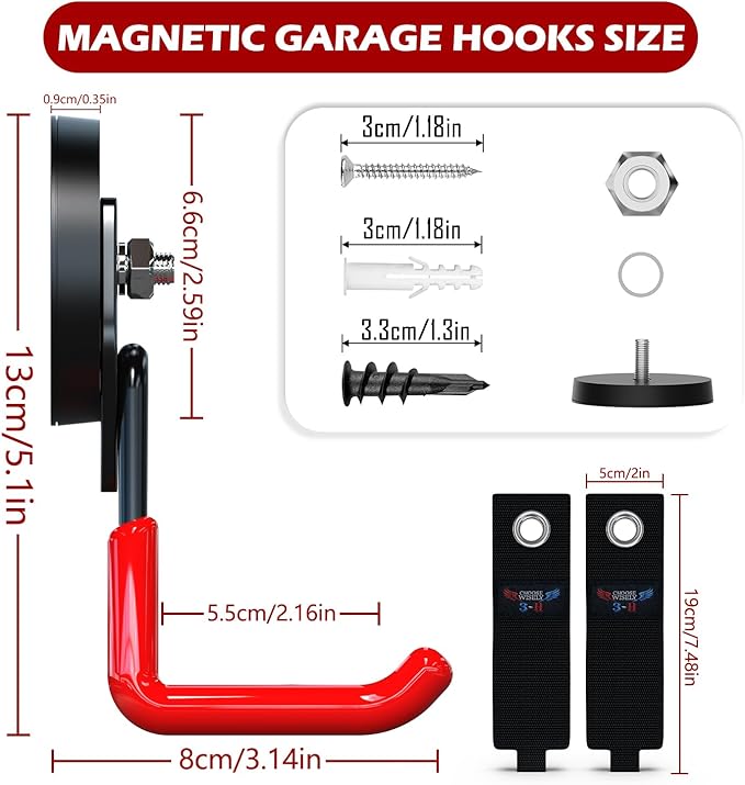 3-H Extra Strong Magnetic Hooks,Heavy Duty Large Anti-Slip Magnet Hooks,No-Drill Tool Holder for Garage,Power Drill,Garden Tools,Hose Storage,4 Pack Red