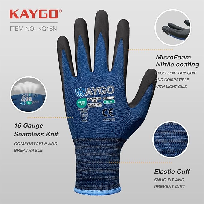 KAYGO Safety Work Gloves MicroFoam Nitrile Coated, 3 Pairs KG18NB,Seamless Knit Nylon Glove for Men and Women, Ideal for Automotive,Warehouse,Construction (L, Dark Blue)