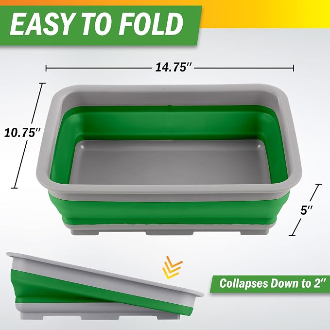 Collapsible Bucket for Cleaning 2-Pack - 7.27L Foldable Wash Bin Dish Tubs - Collapsible Wash Basin or Camping Sink Set for Beach, Tailgating or Soaking Laundry - Cleaning Supplies by Wakeman (Green)