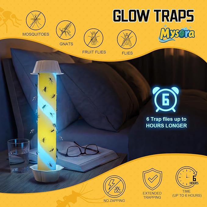12 Pack Glow in the Dark Fly Sticks Outdoor & Indoor Sticky Fly Traps with Blue Fluorescent Night Attraction Light-Absorbing UV for Mosquitoes Flies Waterproof Hanging Catcher (White)