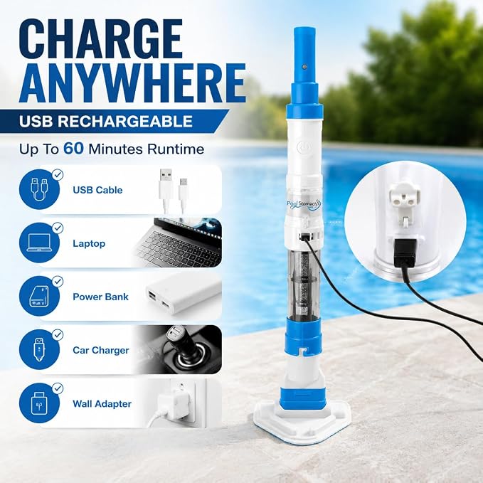 Ultra-Portable Cordless Handheld Vacuum for Hot Tub, Above Ground Pool & Kiddie Pool, USB Charging, 60-Min Runtime, Lightweight Pool Maintenance Tool