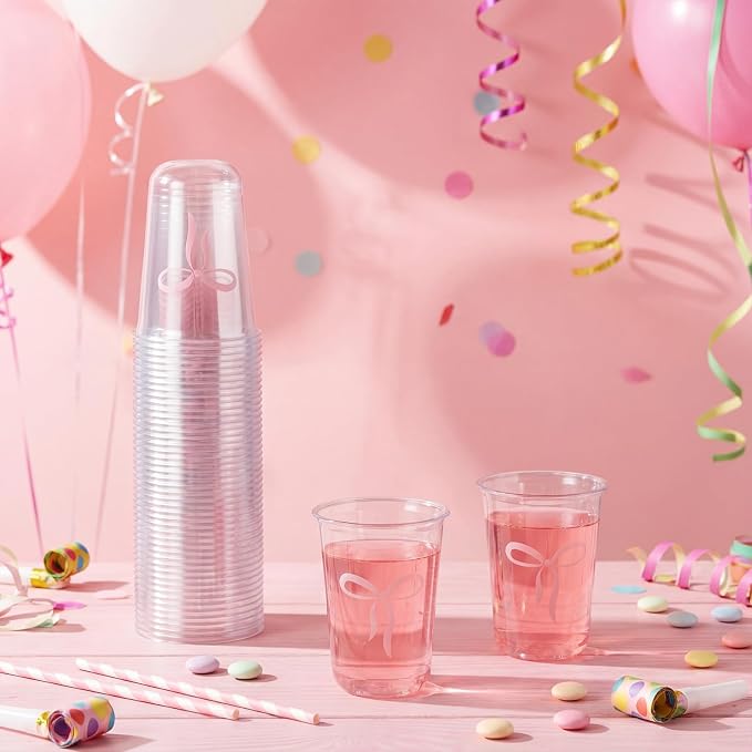Ziliny 50 Pcs 16oz Cute Pink Bow Cups Birthday Party Decorations Supplies Disposable Plastic Cups for Bachelorette Party Valentines Galentines Day Christmas Wedding Baby Shower