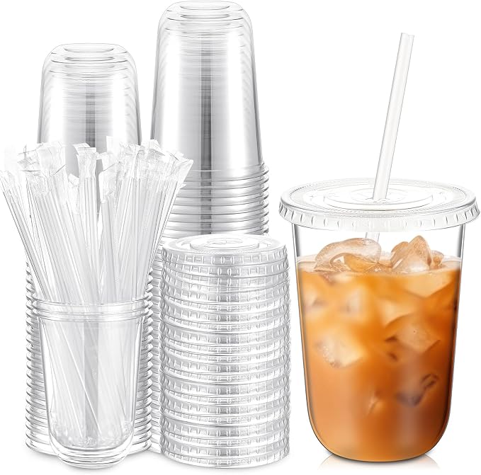 Ziliny 50 Sets Clear Round Bottom Plastic Cups with Lids and Straws, Cute Disposable Drinking Coffee Cups, for Christmas Valentine's Galentine's Day Party Wedding Birthday Supplies (16oz,Clear)