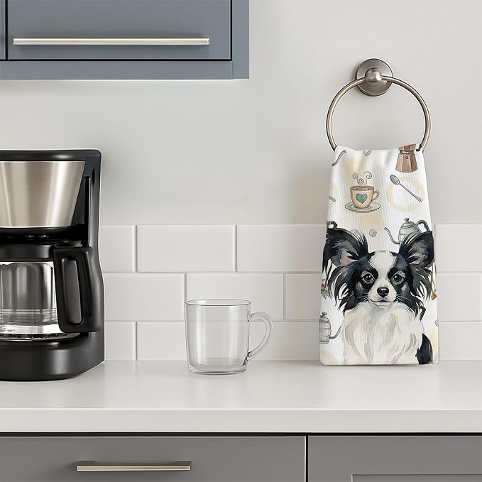Caroline's Treasures Black and White Papillon Coffee Bar Kitchen Towel Velour Plush Front and Cotton Loop Back Machine Washable