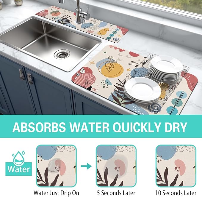 Dish Drying Mat for Kitchen Counter Matt, 2PCS 24"x18" Dish Drainer Mat & 24"x5.5" Sink Splash Guard, Super Absorbent Non-slip Rubber Backed