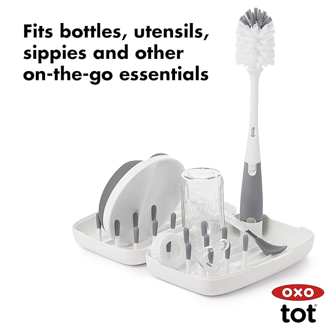 OXO Tot Bottle Brush with Nipple Cleaner and Stand – Gray, 2-Pack & Tot Travel Size Drying Rack with Bottle Brush- Gray