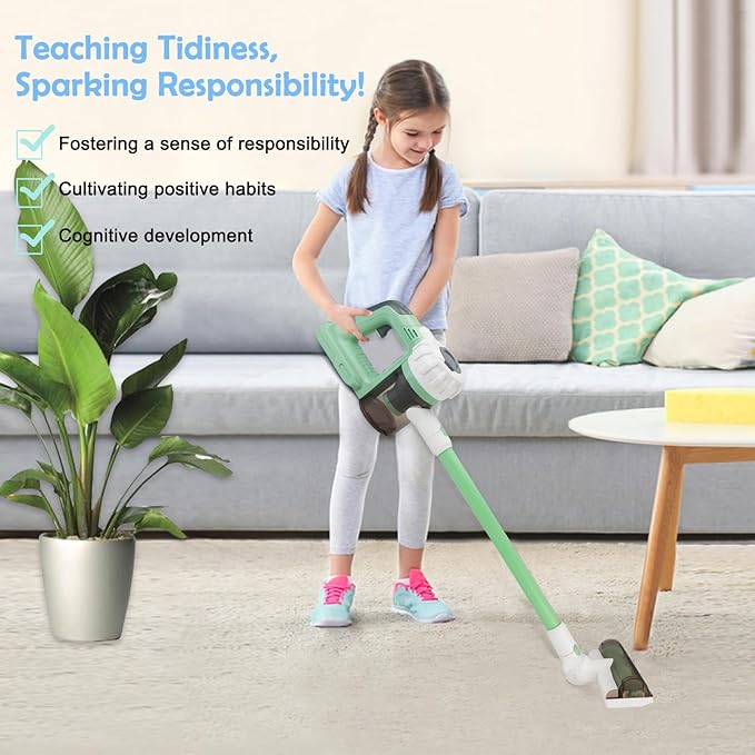 Kids Vacuum that Really Works 9Pcs Aged 3+ Kids Cleaning Set for Toddlers Toy Cleaner Broom and Dustpan Set Scrub Brushes Baby Boy Girl Gifts ( 950Green)