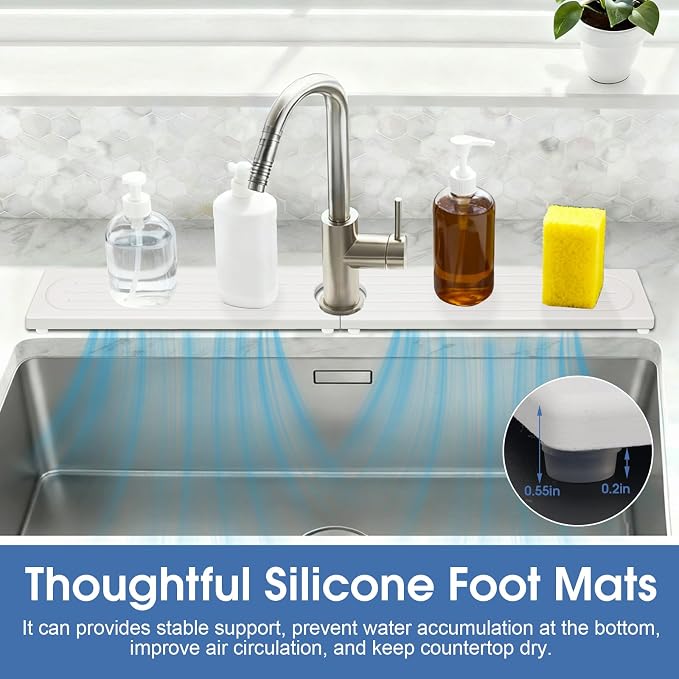 Drying Stone Faucet Mat for Kitchen Sink, 23.9 Inch Long Kitchen Sink Splash Guard Behind Faucet, Stone Drying Tray, Ultra Fast Absorbing Mat Diatomaceous Earth, Pure white