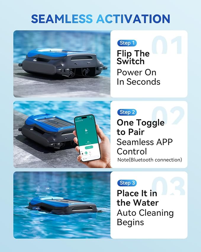 24/7 Solar Powered Pool Skimmer Robot with APP Support, Automatic Electric Floating Surface Cleaner for Above Ground & Inground Pools, Auto Robotic Pool Skimmer Bluetooth Control（Blue）