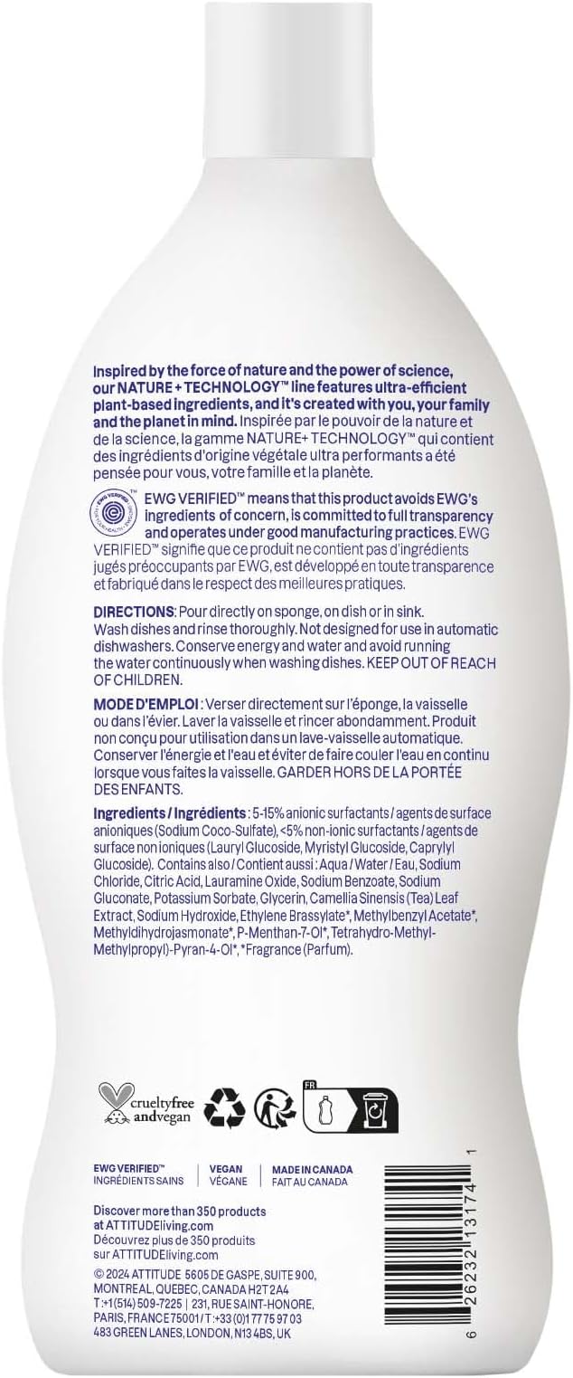 ATTITUDE Dish Soap, EWG Verified, Plant-Based & Vegan Dishwashing Liquid, Naturally Derived, Green Apple and Basil Scent, 23.7 Fl Oz (Pack of 9)