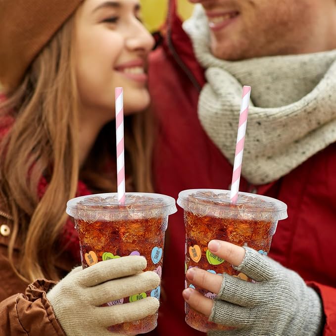 JarThenaAMCS 50Pcs Valentine's Day Disposable Plastic Cups With Lids And Straws 12oz Romantic Conversation Heart Decoration Love Heart Cups for Dinner Anniversary Party Supplies