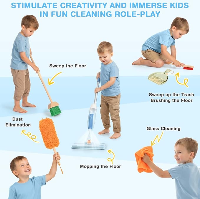 Dreamon Wooden Toddler Cleaning Set - 10Pcs Kids Cleaning Toy Set with Real Working Kids Spray Mop, Montessori Cleaning Toys with Broom and Mop Set for Toddlers Girls Boys Age 3-6