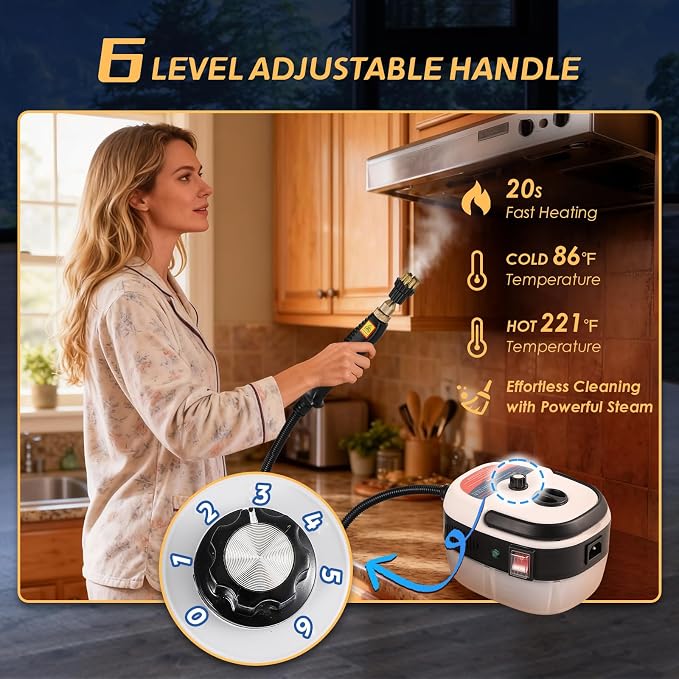 2500W Handheld Steam Cleaner, Pressurized Steam Cleaning Machine with 3 Brush Heads, 20s Heat Up, 1L Tank, Multipurpose Mini Portable Steamer for Tile, Grout, Furniture, Kitchen, Car, Home