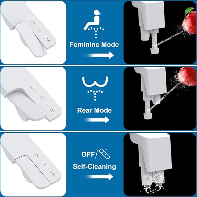 Bidet Attachment for Toilet, Non-Electric Self-Cleaning Dual Nozzle with Feminine and Rear Wash, Cold Water Sprayer with Adjustable Pressure, Easy to Install in White